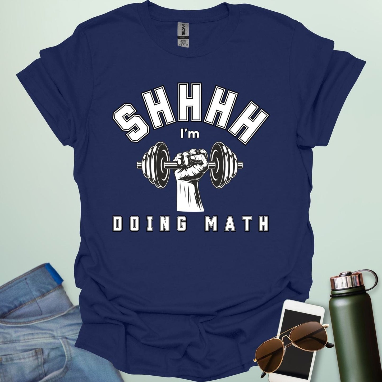 Shhhh… I’m Doing Math t-shirt featuring a retro-style weight plate graphic (45, 15, 20) with distressed text—funny gym-math mashup for fitness and math fans.