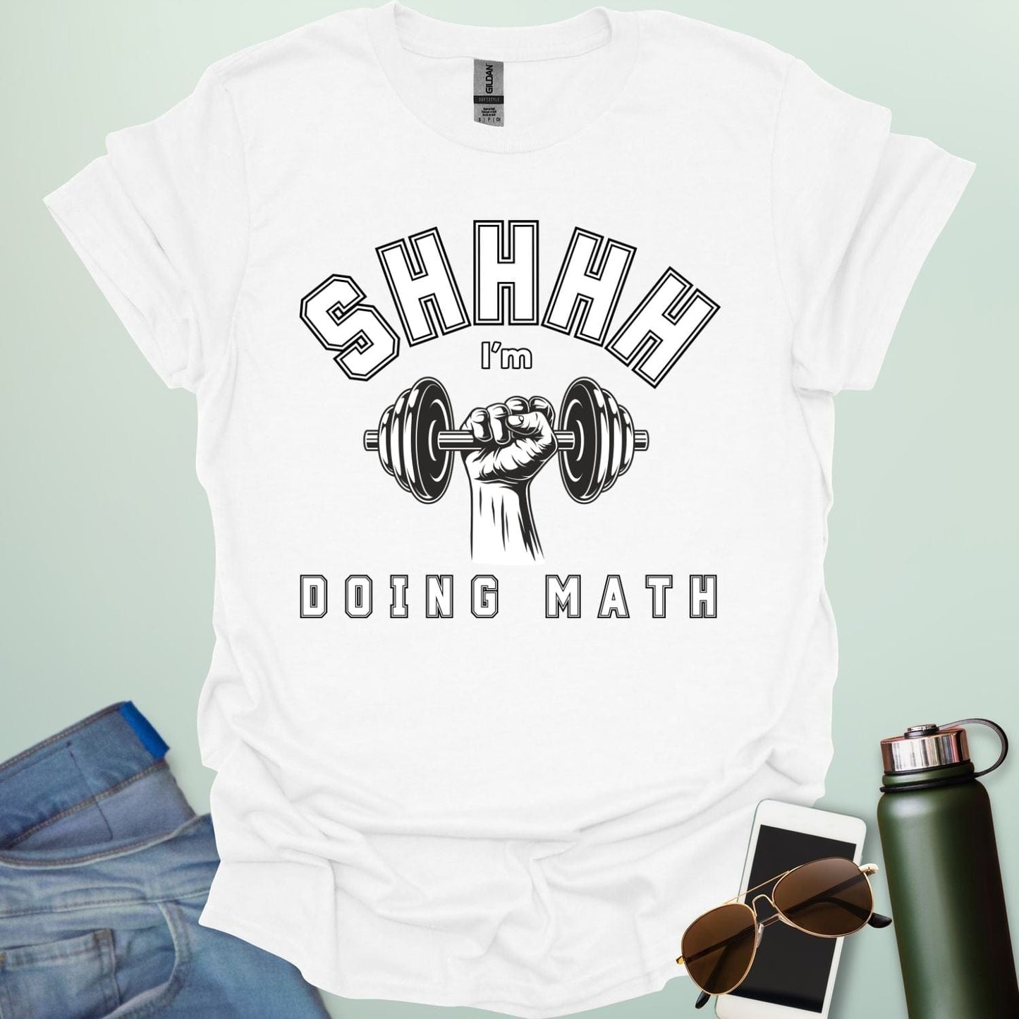 Shhhh… I’m Doing Math t-shirt featuring a retro-style weight plate graphic (45, 15, 20) with distressed text—funny gym-math mashup for fitness and math fans.