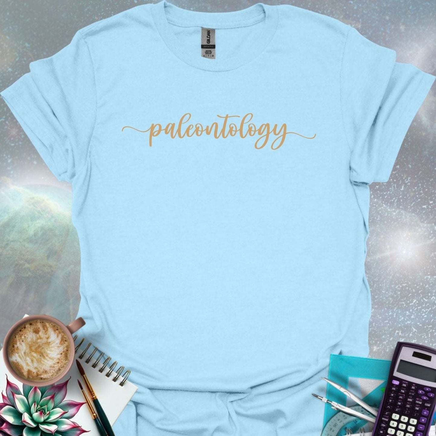 The word 'paleontology' in a flowing, script font on a dark green background.