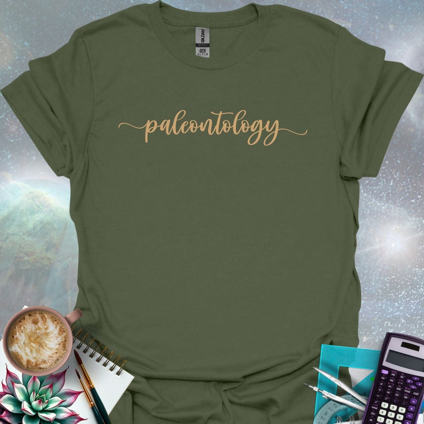 The word 'paleontology' in a flowing, script font on a dark green background.