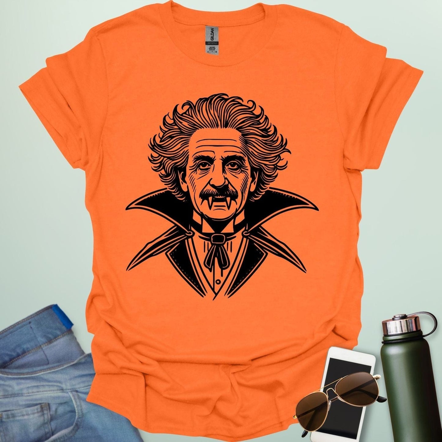 Einstein Vampire t-shirt featuring Albert Einstein as a vampire — a spooky, funny Halloween science design for STEM and STEAM fans.
