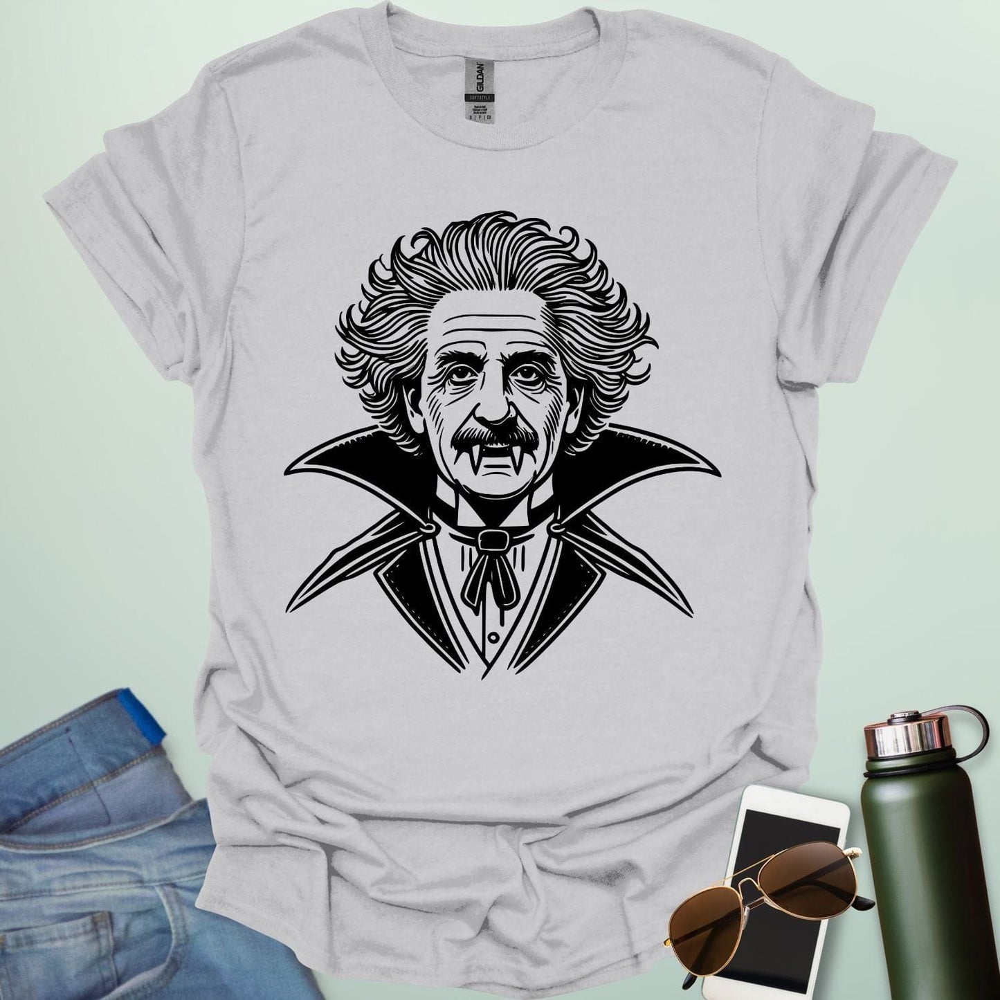Einstein Vampire t-shirt featuring Albert Einstein as a vampire — a spooky, funny Halloween science design for STEM and STEAM fans.