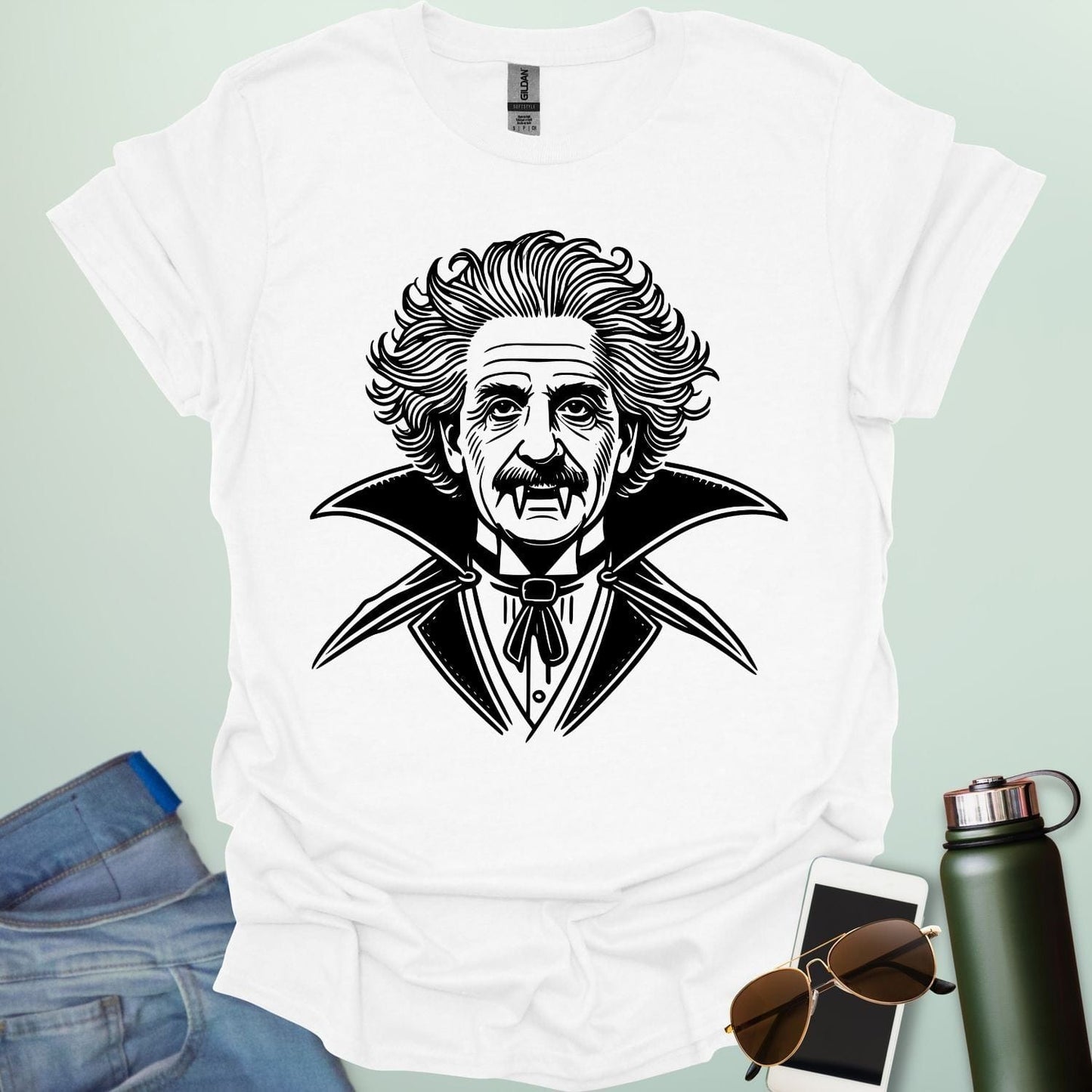 Einstein Vampire t-shirt featuring Albert Einstein as a vampire — a spooky, funny Halloween science design for STEM and STEAM fans.