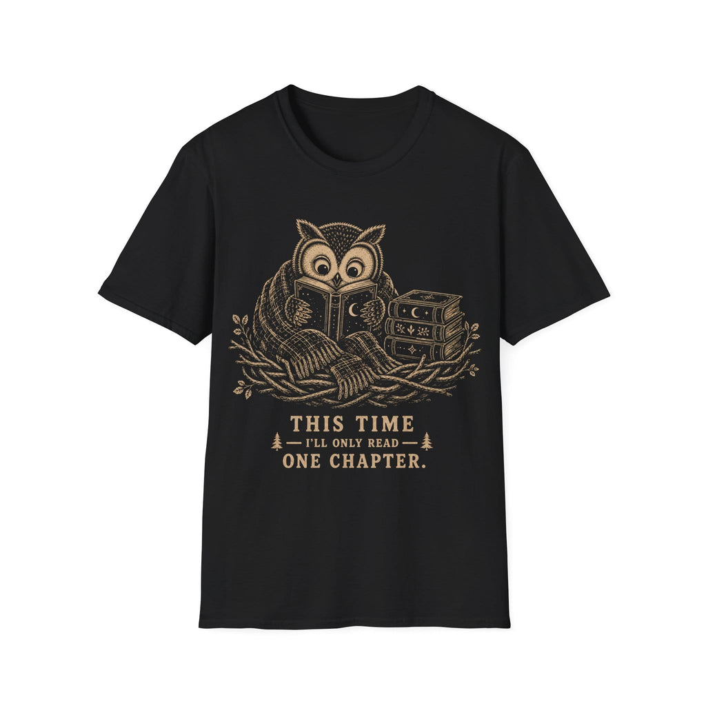 Vintage woodcut illustration of an owl wrapped in a scarf reading a book in a nest beside a stack of celestial books, with text reading 'THIS TIME I'LL ONLY READ ONE CHAPTER.'