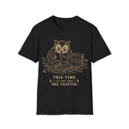 Vintage woodcut illustration of an owl wrapped in a scarf reading a book in a nest beside a stack of celestial books, with text reading 'THIS TIME I'LL ONLY READ ONE CHAPTER.'