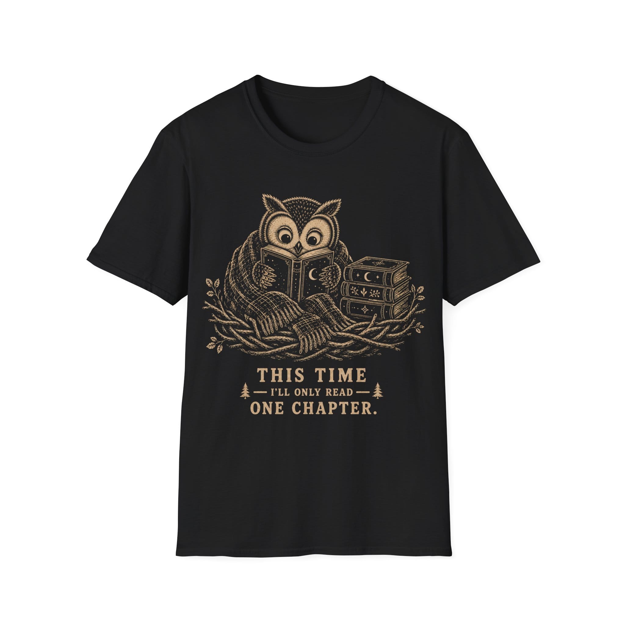 Vintage woodcut illustration of an owl wrapped in a scarf reading a book in a nest beside a stack of celestial books, with text reading 'THIS TIME I'LL ONLY READ ONE CHAPTER.'