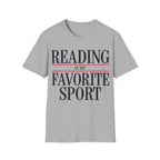 Bold graphic typography reading 'READING IS MY FAVORITE SPORT' framed by red horizontal rule lines.