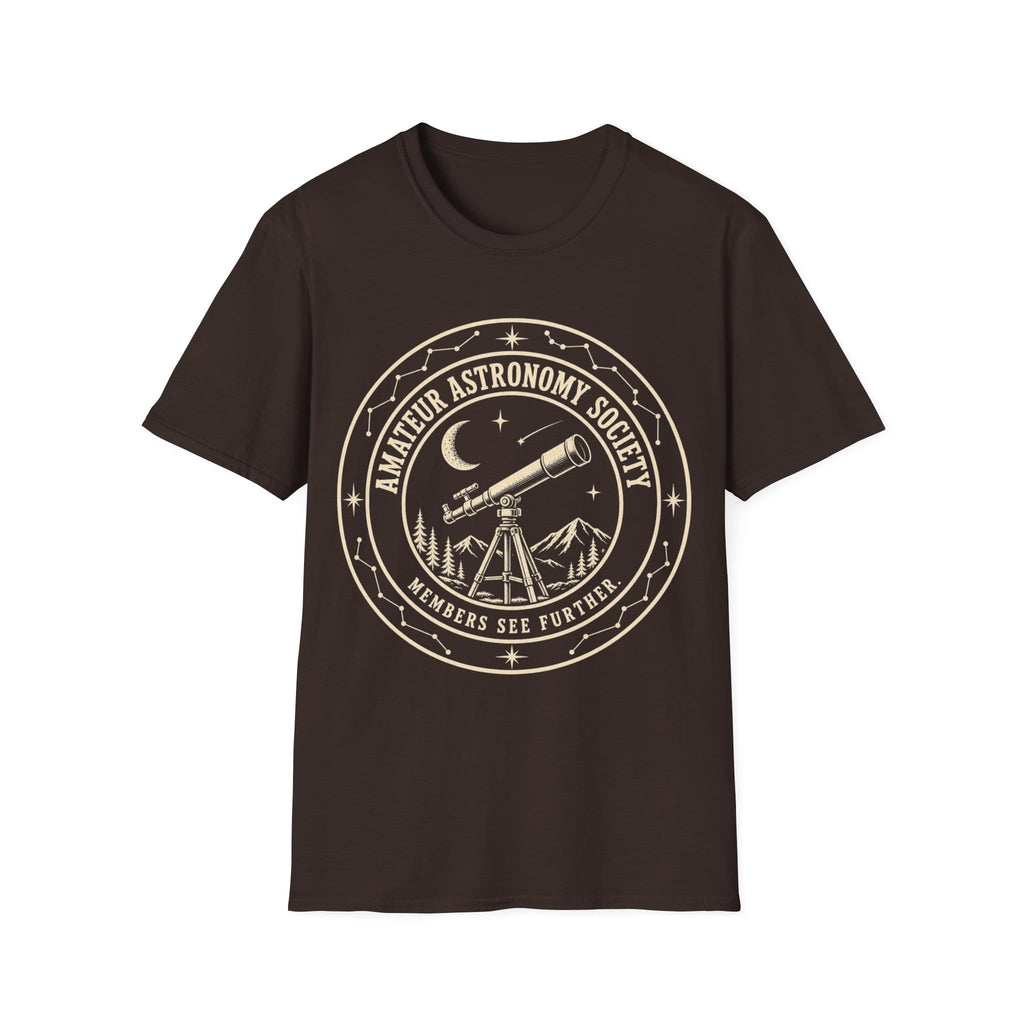 Vintage circular emblem featuring a telescope pointed toward the night sky surrounded by mountains, stars, and constellations, with text reading 'AMATEUR ASTRONOMY SOCIETY - MEMBERS SEE FURTHER.'