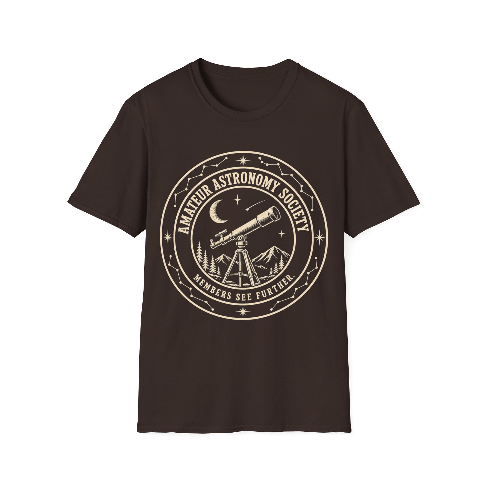 Vintage circular emblem featuring a telescope pointed toward the night sky surrounded by mountains, stars, and constellations, with text reading 'AMATEUR ASTRONOMY SOCIETY - MEMBERS SEE FURTHER.'