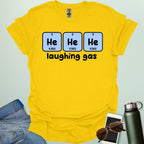 Three periodic table element boxes showing 'He' for Helium, with the text 'laughing gas' below.