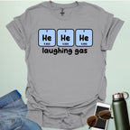 Three periodic table element boxes showing 'He' for Helium, with the text 'laughing gas' below.