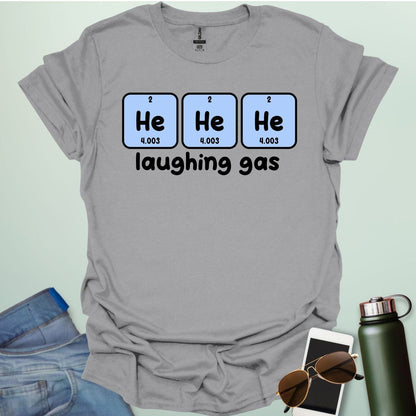 Three periodic table element boxes showing 'He' for Helium, with the text 'laughing gas' below.