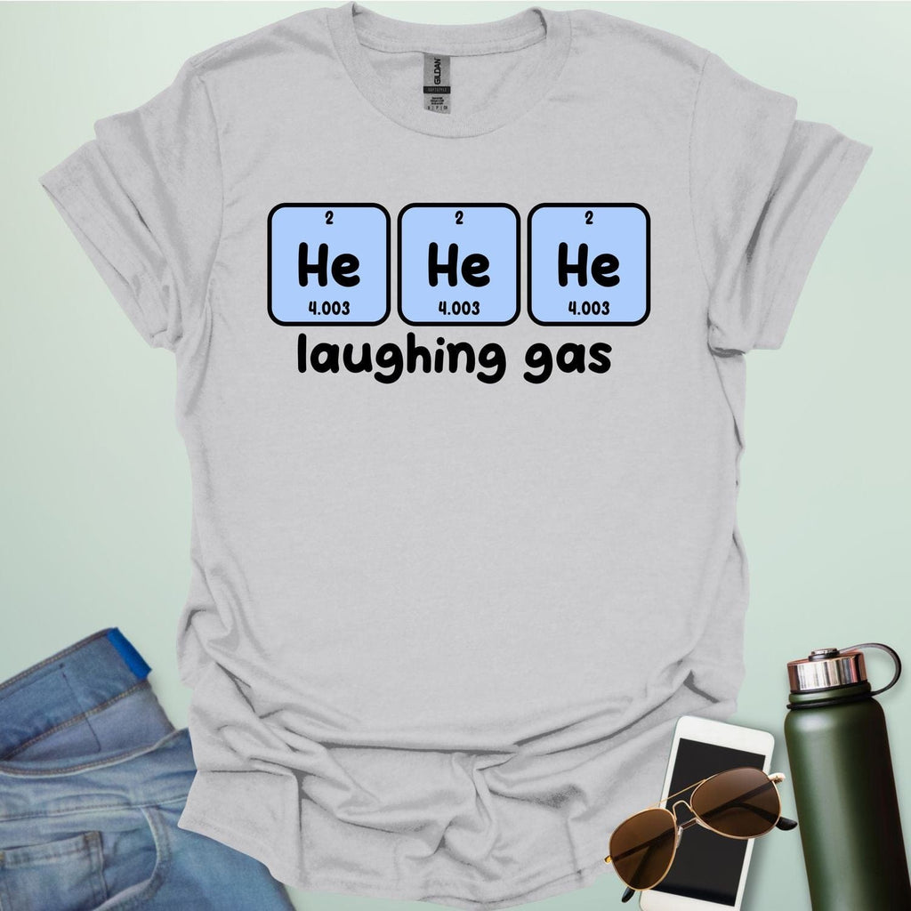 Three periodic table element boxes showing 'He' for Helium, with the text 'laughing gas' below.