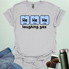 Three periodic table element boxes showing 'He' for Helium, with the text 'laughing gas' below.