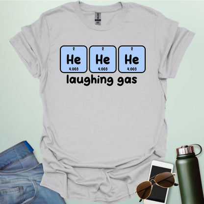 Three periodic table element boxes showing 'He' for Helium, with the text 'laughing gas' below.