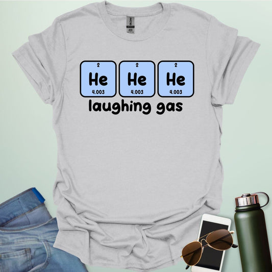 Three periodic table element boxes showing 'He' for Helium, with the text 'laughing gas' below.