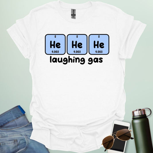 Three periodic table element boxes showing 'He' for Helium, with the text 'laughing gas' below