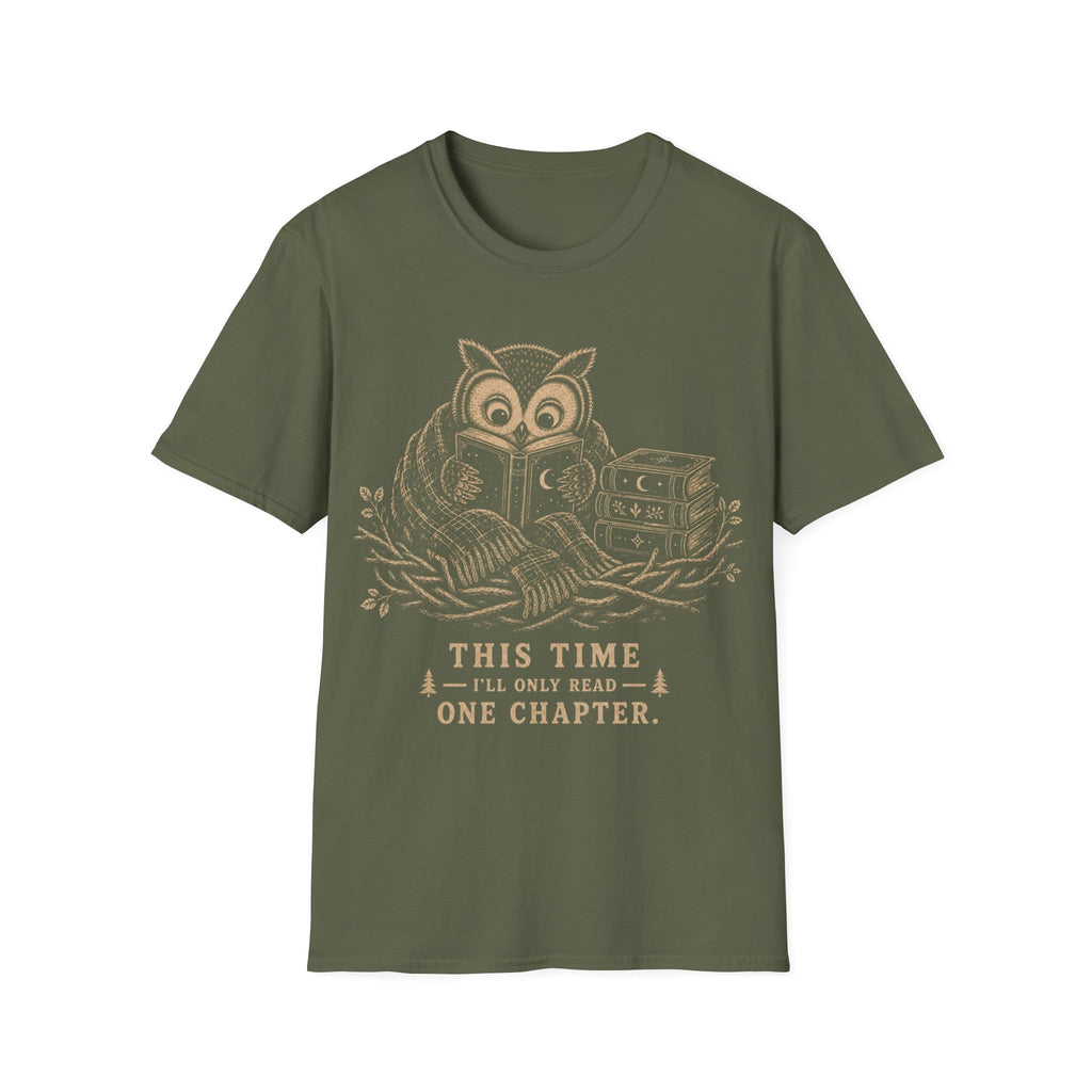 Vintage woodcut illustration of an owl wrapped in a scarf reading a book in a nest beside a stack of celestial books, with text reading 'THIS TIME I'LL ONLY READ ONE CHAPTER.'