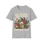 Detailed botanical illustration of toxic flora—including foxglove, lily of the valley, and fly agaric mushrooms—surrounding a human skull and bones, with bold text reading 'ALL PLANTS ARE EDIBLE... SOME ONLY ONCE'.