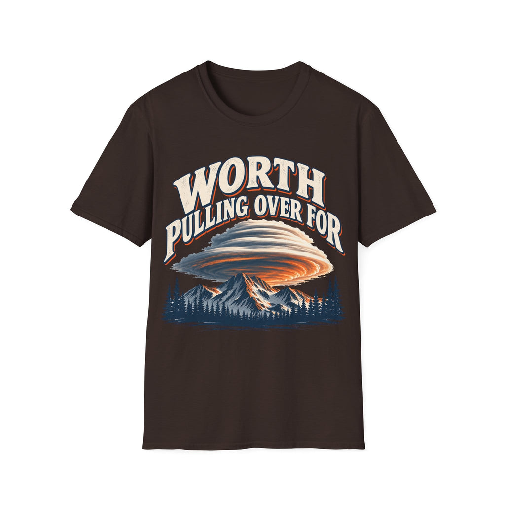 Vintage-style graphic design featuring arched text reading 'WORTH PULLING OVER FOR' above a massive lenticular cloud formation hovering over mountain peaks and pine trees.