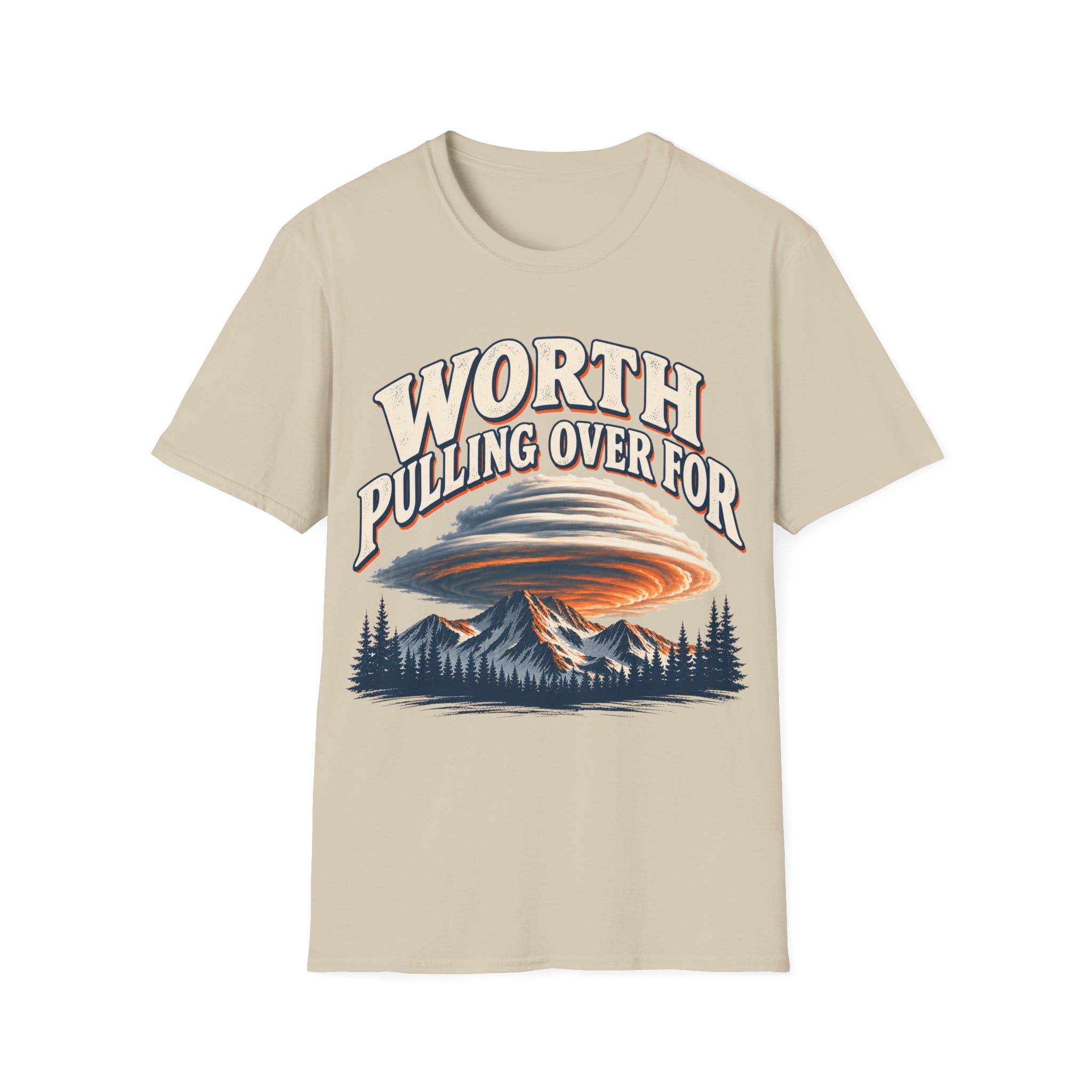Vintage-style graphic design featuring arched text reading 'WORTH PULLING OVER FOR' above a massive lenticular cloud formation hovering over mountain peaks and pine trees.