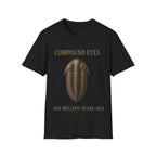 Vintage stipple engraving illustration of a trilobite specimen centered between serif text reading 'COMPOUND EYES' and '508 MILLION YEARS AGO'.