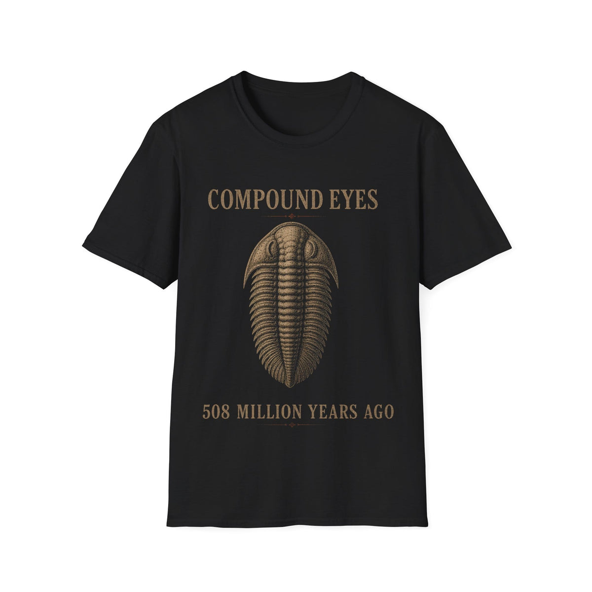 Vintage stipple engraving illustration of a trilobite specimen centered between serif text reading 'COMPOUND EYES' and '508 MILLION YEARS AGO'.