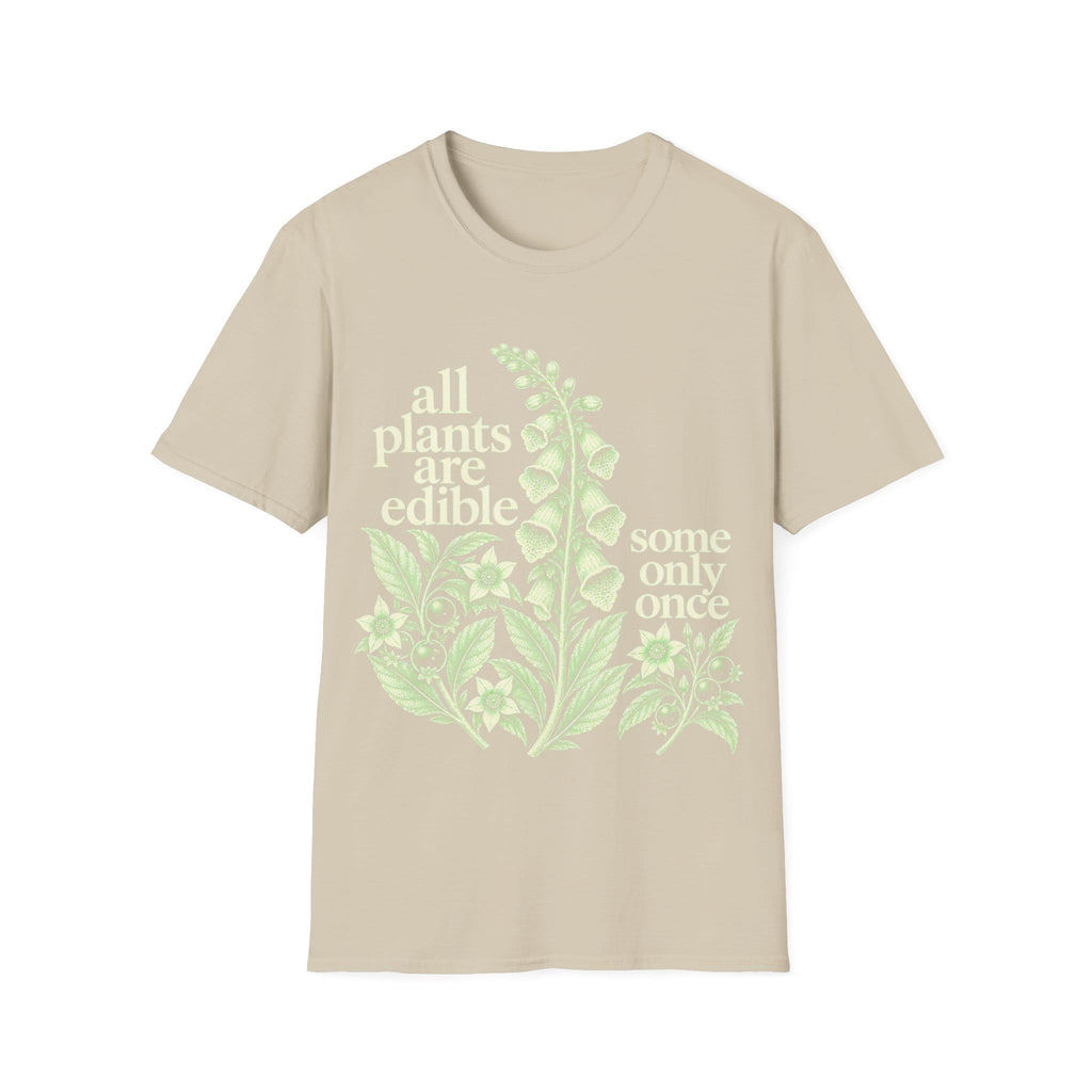 Detailed vintage botanical engraving of foxglove and deadly nightshade plants surrounded by retro serif text reading 'all plants are edible, some only once'.