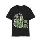 Detailed vintage botanical engraving of foxglove and deadly nightshade plants surrounded by retro serif text reading 'all plants are edible, some only once'.