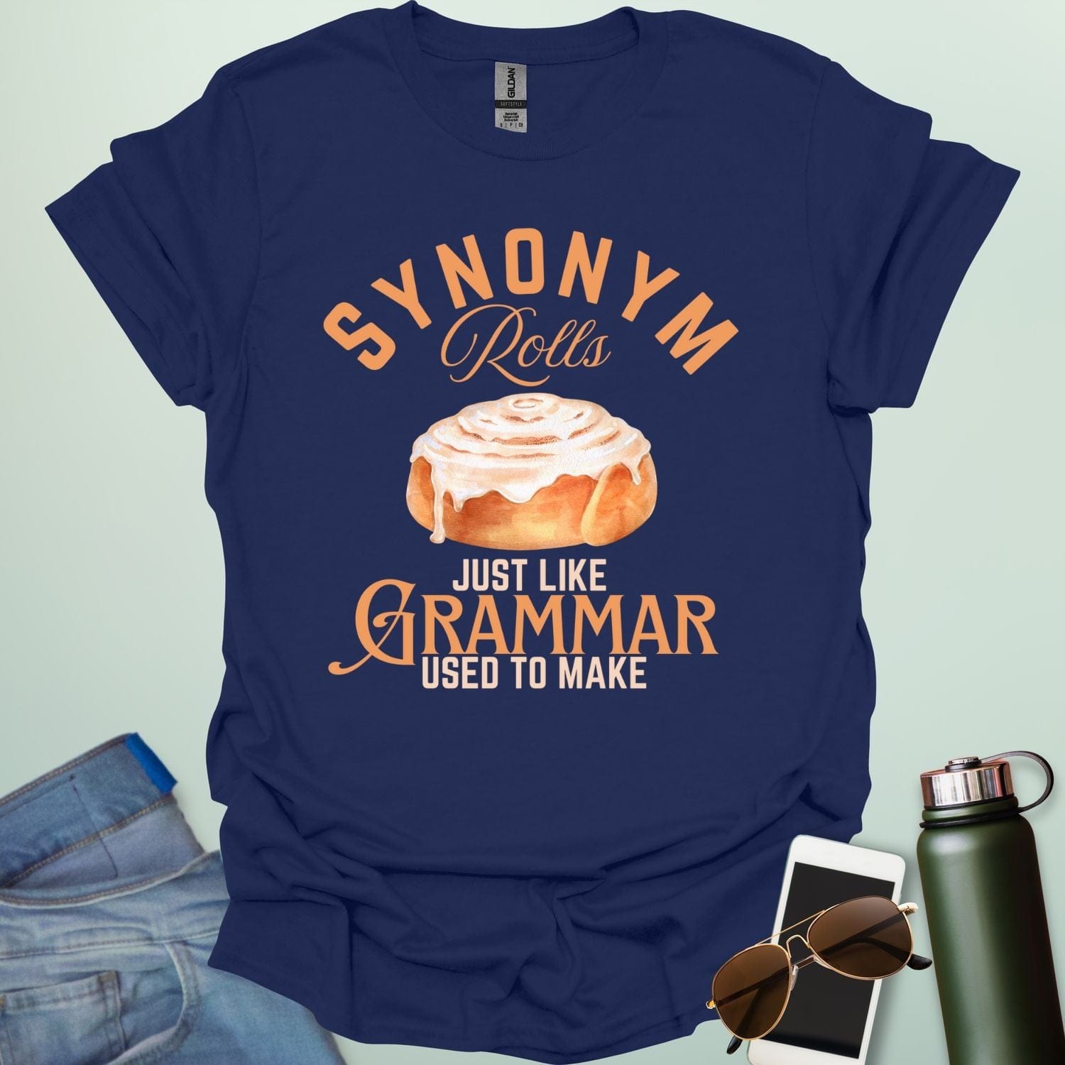 Navy blue Gray t-shirt with the black and white 'Synonym Rolls Just Like Grammar Used to Make' design.