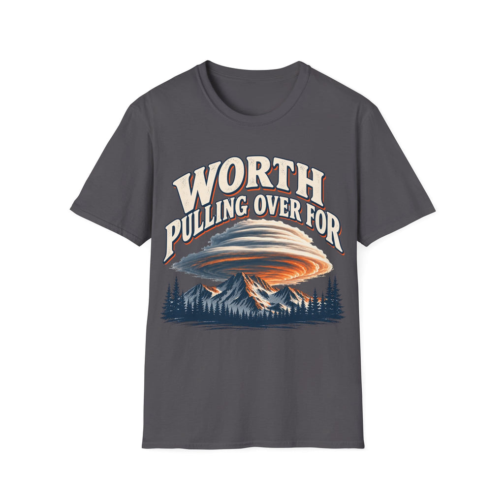 Vintage-style graphic design featuring arched text reading 'WORTH PULLING OVER FOR' above a massive lenticular cloud formation hovering over mountain peaks and pine trees.