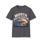 Vintage-style graphic design featuring arched text reading 'WORTH PULLING OVER FOR' above a massive lenticular cloud formation hovering over mountain peaks and pine trees.