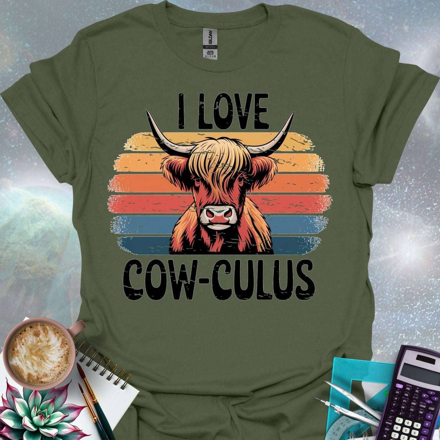 A Highland cow illustration with large horns and shaggy hair, overlaid on a distressed retro sunset graphic with horizontal stripes in shades of yellow, orange, red, and blue. The text 'I LOVE' is above the cow, and 'COW-CULUS' is below, both with a distressed appearance.