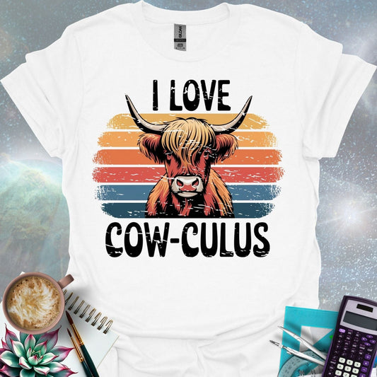 A Highland cow illustration with large horns and shaggy hair, overlaid on a distressed retro sunset graphic with horizontal stripes in shades of yellow, orange, red, and blue. The text 'I LOVE' is above the cow, and 'COW-CULUS' is below, both with a distressed appearance.