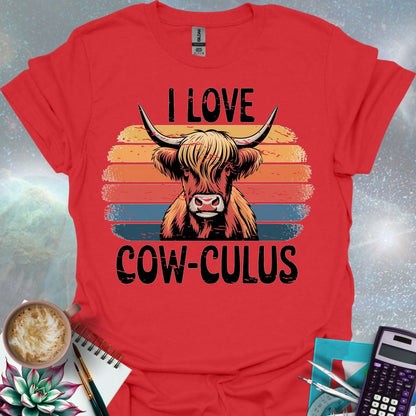 A Highland cow illustration with large horns and shaggy hair, overlaid on a distressed retro sunset graphic with horizontal stripes in shades of yellow, orange, red, and blue. The text 'I LOVE' is above the cow, and 'COW-CULUS' is below, both with a distressed appearance.