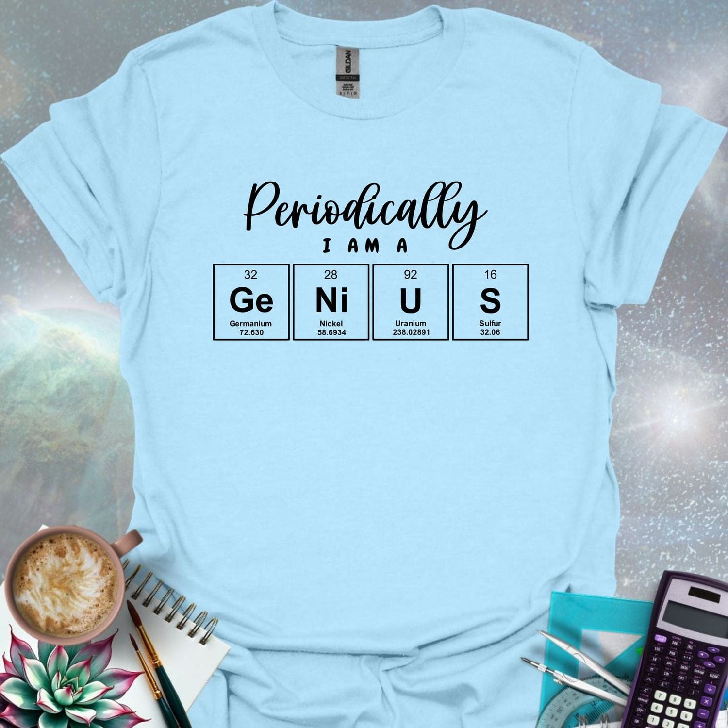 The text 'PERIODICALLY I AM A' above four periodic table element boxes with the symbols Ge, Ni, U, and S, spelling out 'GENIUS'.