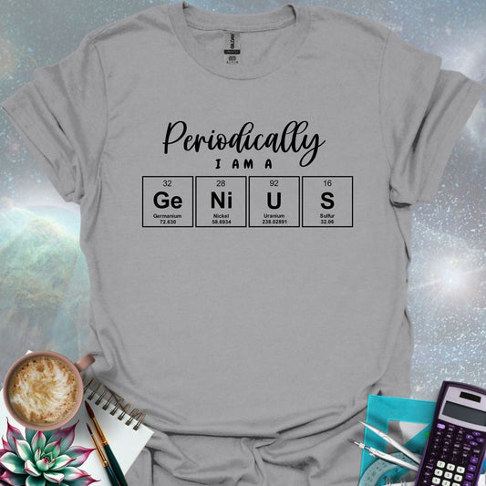 The text 'PERIODICALLY I AM A' above four periodic table element boxes with the symbols Ge, Ni, U, and S, spelling out 'GENIUS'.