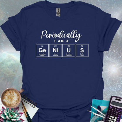 The text 'PERIODICALLY I AM A' above four periodic table element boxes with the symbols Ge, Ni, U, and S, spelling out 'GENIUS'.