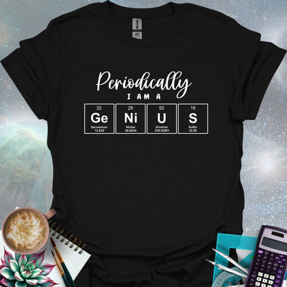 The text 'PERIODICALLY I AM A' above four periodic table element boxes with the symbols Ge, Ni, U, and S, spelling out 'GENIUS'.
