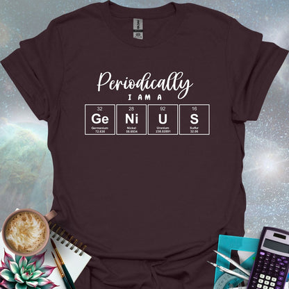 The text 'PERIODICALLY I AM A' above four periodic table element boxes with the symbols Ge, Ni, U, and S, spelling out 'GENIUS'.