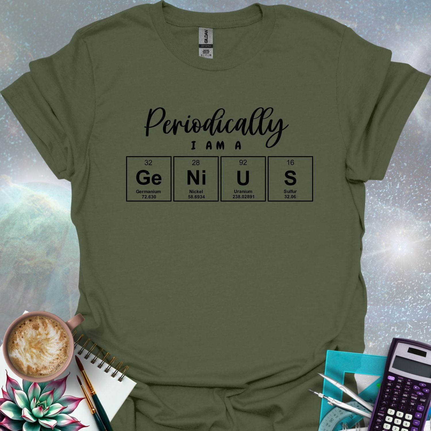 The text 'PERIODICALLY I AM A' above four periodic table element boxes with the symbols Ge, Ni, U, and S, spelling out 'GENIUS'.