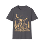 Vintage illustration of a fox wearing a plaid scarf gazing into a brass telescope framed by pine trees, a crescent moon, and text reading 'MAYBE ONE MORE CONSTELLATION'.