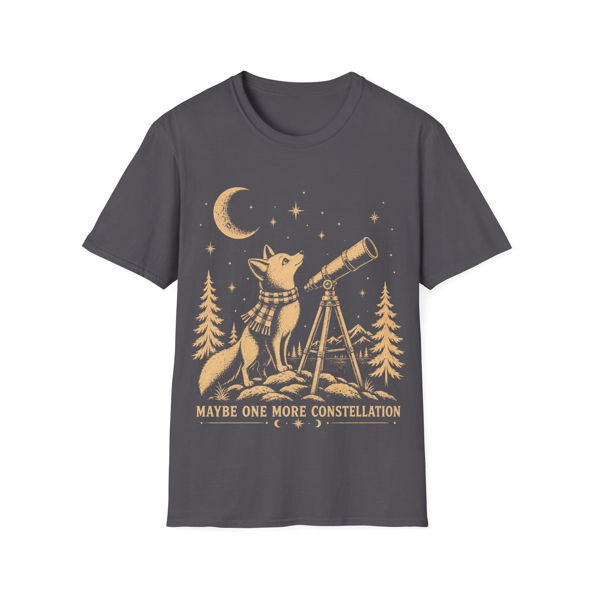Vintage illustration of a fox wearing a plaid scarf gazing into a brass telescope framed by pine trees, a crescent moon, and text reading 'MAYBE ONE MORE CONSTELLATION'.