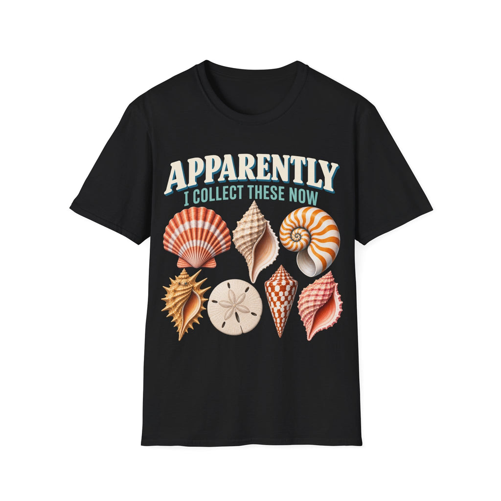 Vintage-style graphic featuring curved retro typography reading 'APPARENTLY I COLLECT THESE NOW' above detailed illustrations of colorful seashells, a nautilus shell, and a sand dollar.