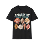 Vintage-style graphic featuring curved retro typography reading 'APPARENTLY I COLLECT THESE NOW' above detailed illustrations of colorful seashells, a nautilus shell, and a sand dollar.