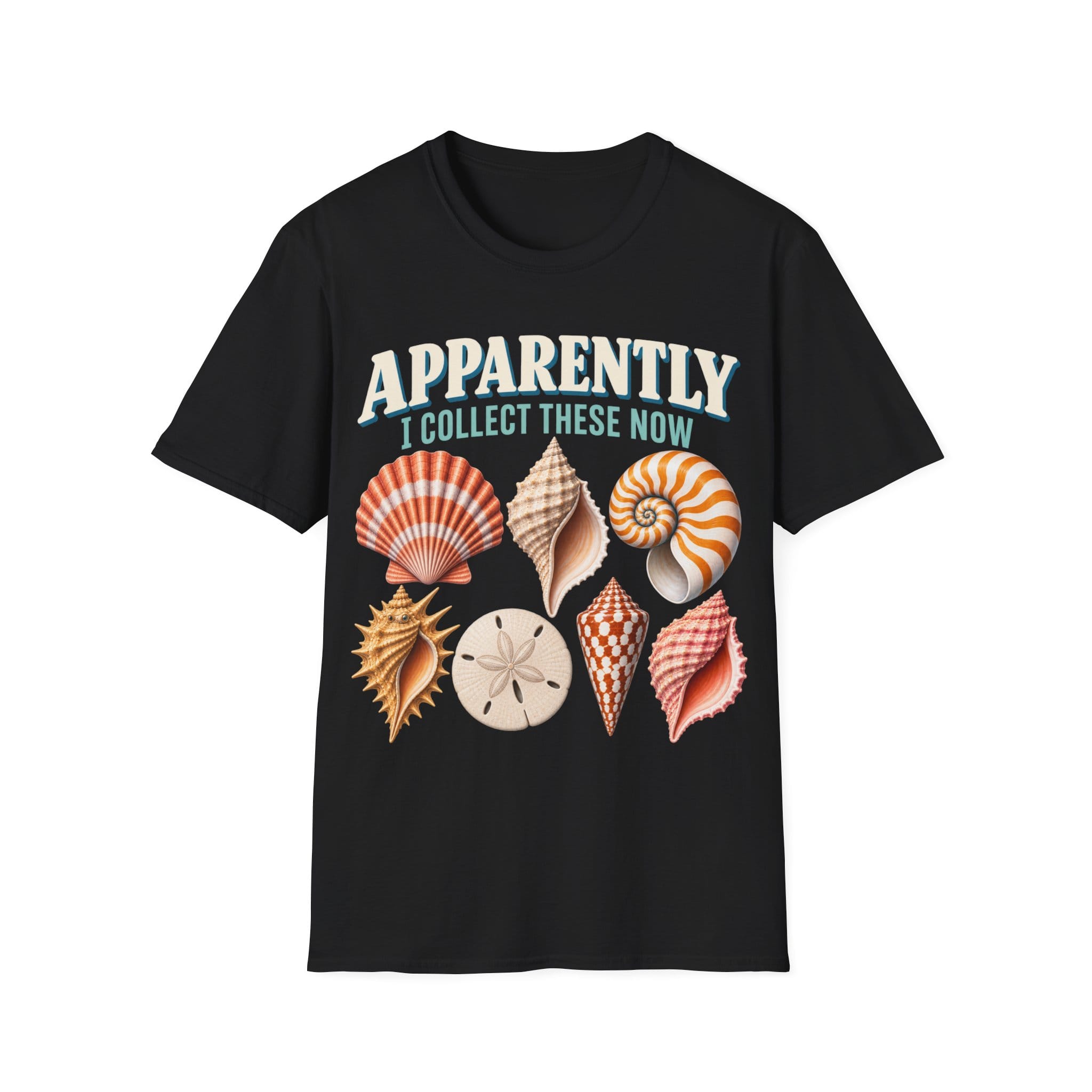Vintage-style graphic featuring curved retro typography reading 'APPARENTLY I COLLECT THESE NOW' above detailed illustrations of colorful seashells, a nautilus shell, and a sand dollar.