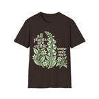 Detailed vintage botanical engraving of foxglove and deadly nightshade plants surrounded by retro serif text reading 'all plants are edible, some only once'.