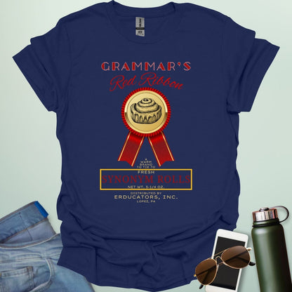 Grammar's Synonym Rolls t-shirt featuring a red ribbon award for fresh cinnamon rolls. Ideal funny gift for English teachers, writers, and grammar nerds.