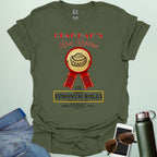 Grammar's Synonym Rolls t-shirt featuring a red ribbon award for fresh cinnamon rolls. Ideal funny gift for English teachers, writers, and grammar nerds.