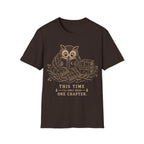 Vintage woodcut illustration of an owl wrapped in a scarf reading a book in a nest beside a stack of celestial books, with text reading 'THIS TIME I'LL ONLY READ ONE CHAPTER.'